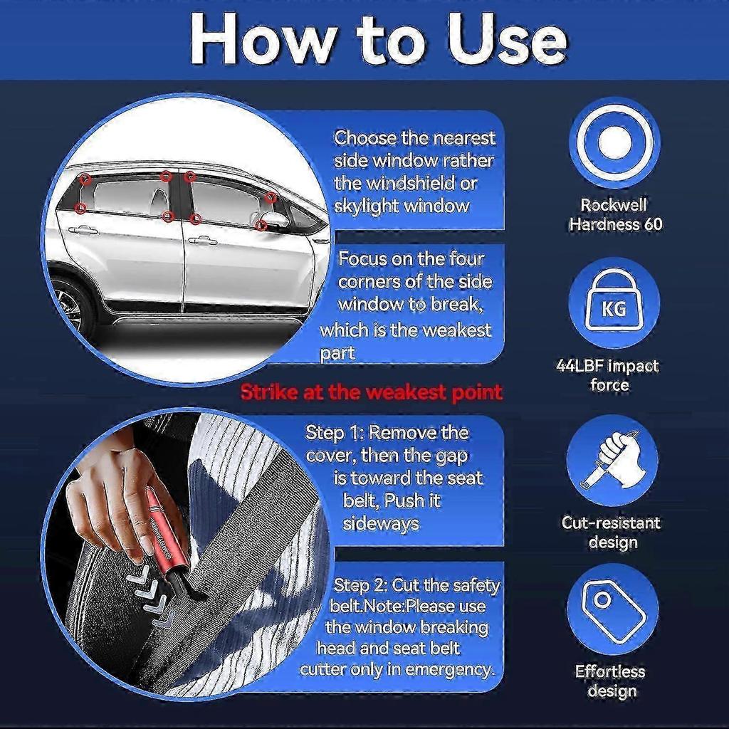 Window Breaker Seatbelt Cutter Pack of 4 - Emergency Car Safety Hammer
