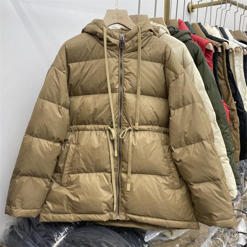 Женская зимняя осенняя куртка-пуховик с капюшоном из белого утиного пуха, свободное однотонное пальто с большим карманом и регулируемой талией