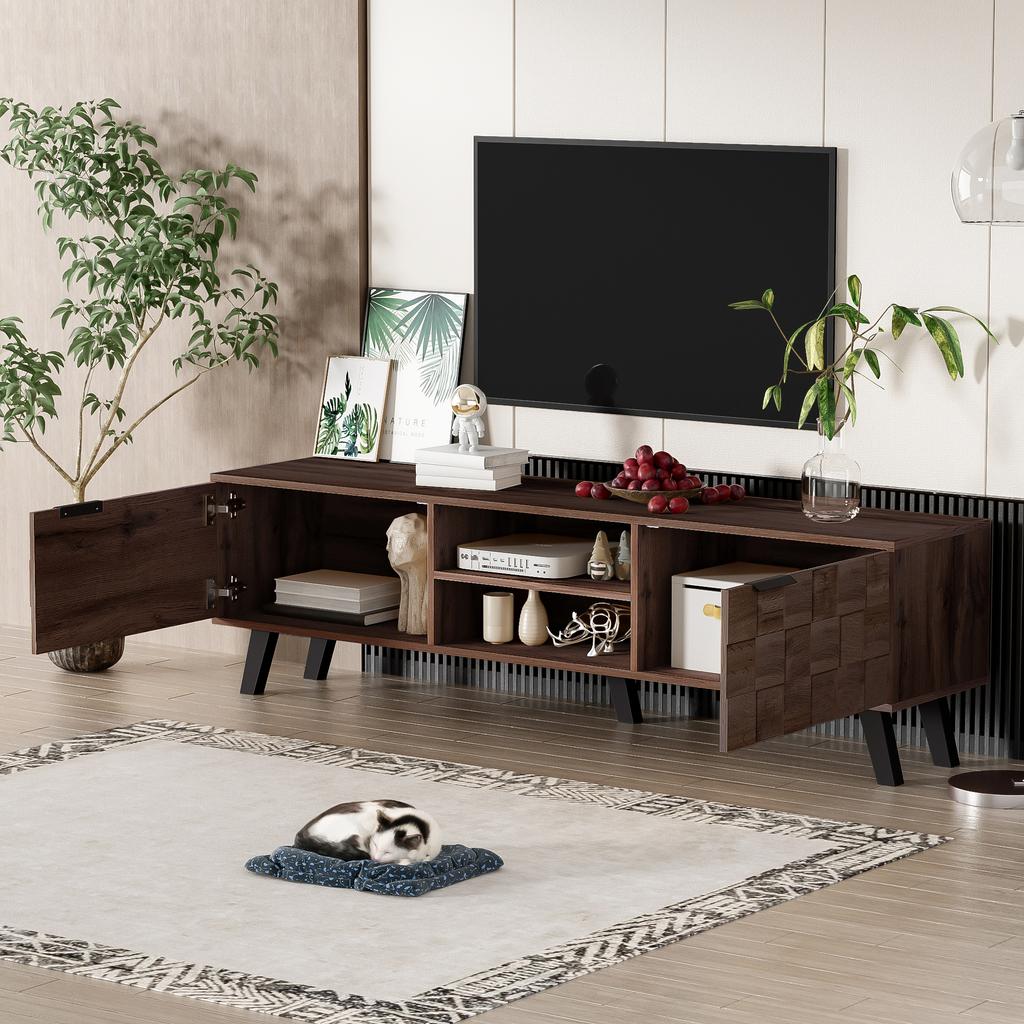Modern TV cabinet with 2 doors and 2 open compartments in dark wood grain – 160.5 x 35.5 x 45 cm
