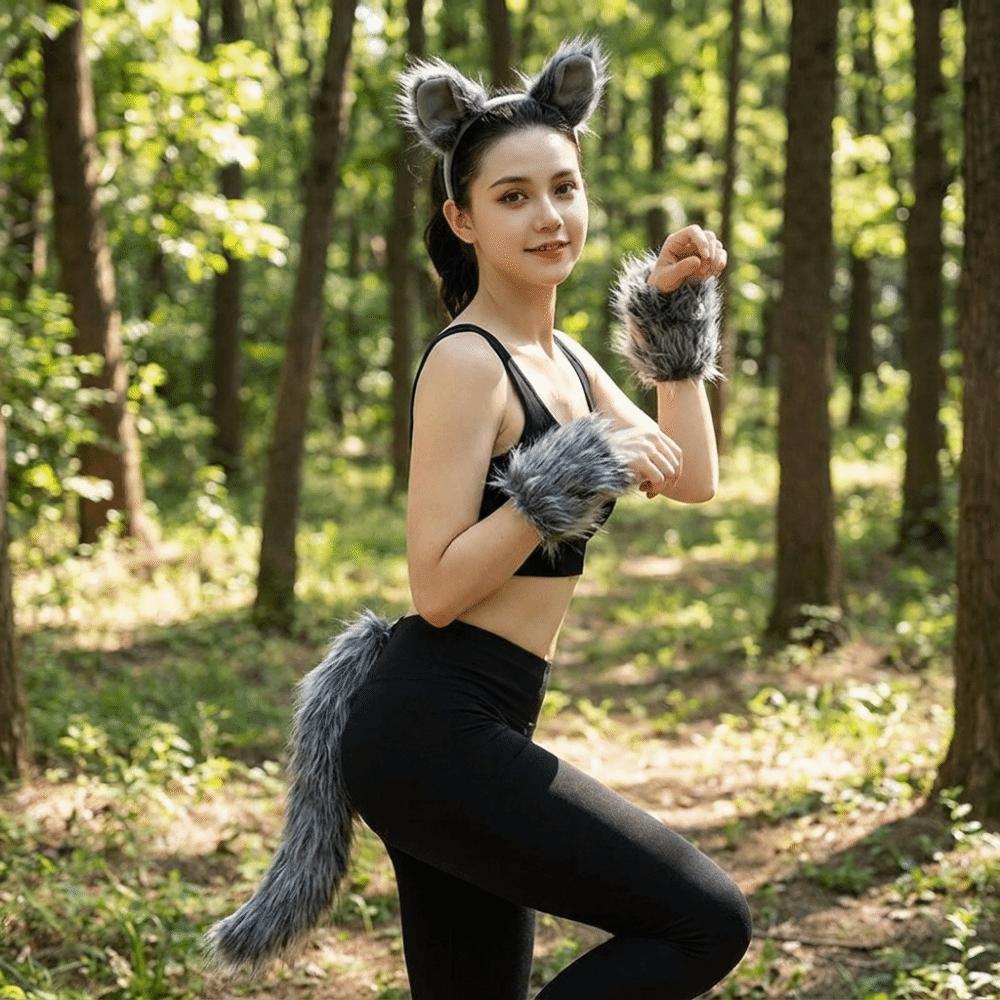 4pcs/set Furry Wolf Ear Headband Faux Fur Plush Sleeve Cover Tail Kit Carnival