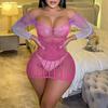 Sexy Lingerie Gradual Change Rose Red Hip Skirt Tube Top Long Sleeve Mesh Skirt Hollow Transparent