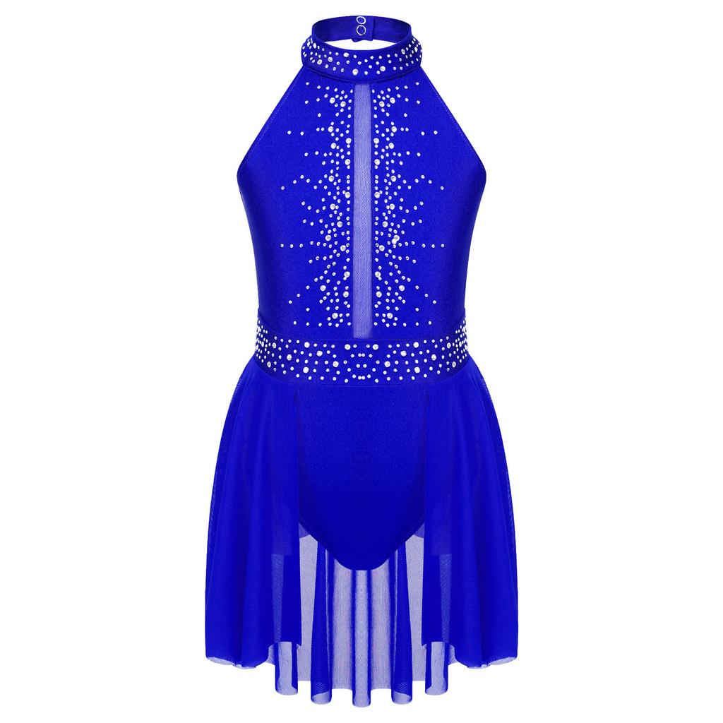 Girls Dance Performance Dress Sleeveless Mock Neck Shiny Rhinestones Decorated Cutout Back Leotard