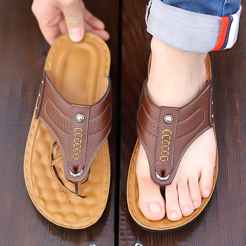 Абсолютно новые мужские шлепанцы из воловьей кожи, повседневная пляжная обувь, модные мужские удобные сандалии на мягкой подошве с нескользящей подошвой