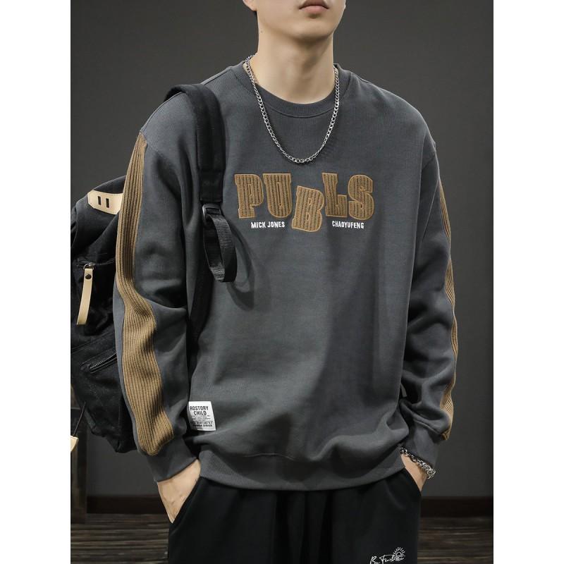 Mens Casual Long Sleeve Sweatshirt Youth Fall Winter Pullover Top Slim Fit Embroidered Streetwear