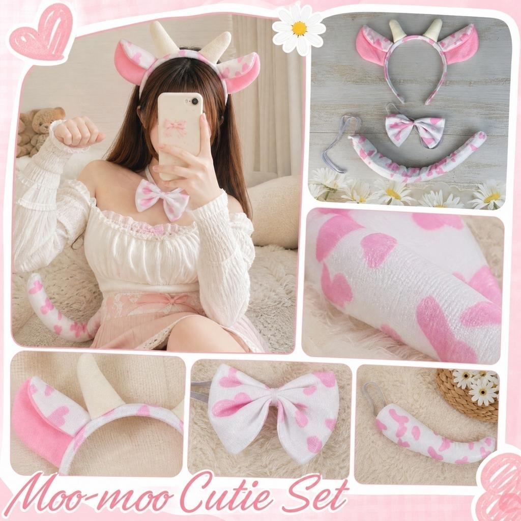 Cow Costume Accessories Set Headband with Horns Tie and Tail for Halloween Cosplay