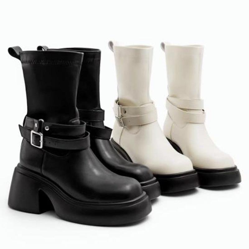 Модные модные ботинки из мягкой кожи на платформе, толстые ботильоны на толстом каблуке, эластичные женские ботинки до середины голени 2024 года, Botas Mujer