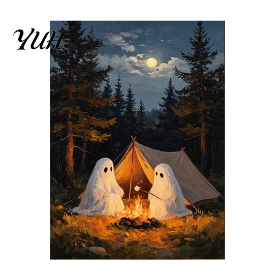 Retro Halloween Decor Vintage Cute Ghost Canvas Wall Art, Spooky 2 Ghosts Campfire Autumn Seasonal Art Hanging Poster, Gothic Decoration for