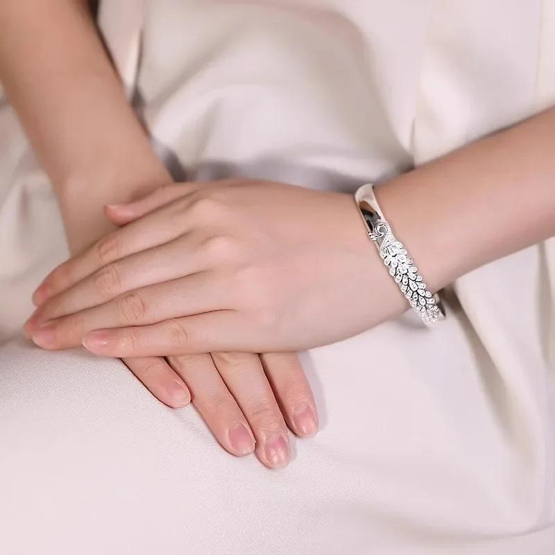 Luxury 925 Silver Open Bracelets For Women Elegant Peacock Opening Screen Bracelets Party Wedding Fine Jewelry Gifts