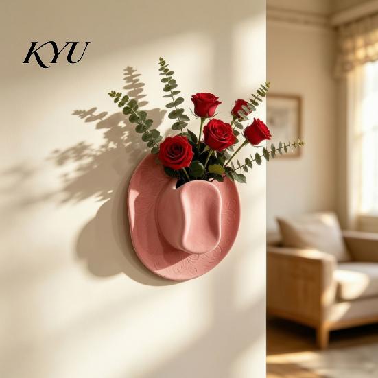 Gift for Home Decoration Cowboy Hat Shaped Wall Mounted Vase, Western Retro Flower Creative Holder Dried Artificial Flowers, Farmhouse Decor