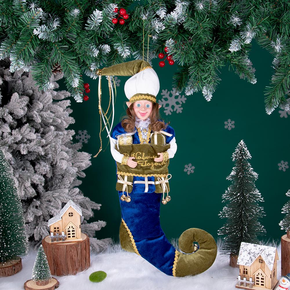 42CM Christmas Stocking Large Rustic Santa Claus Sock with Bells Xmas Tree Fireplace Hanging Ornament Christmas Home Decorations