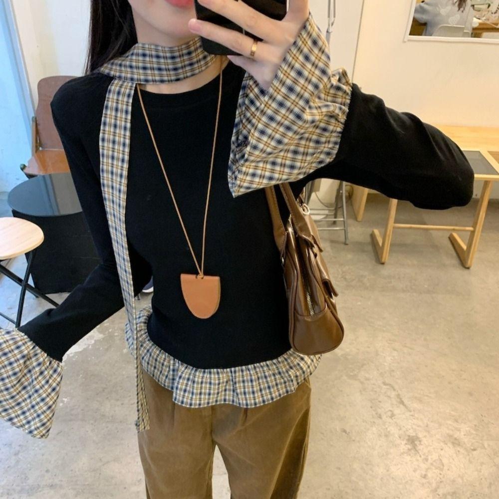 Майки Футболка с имитацией двойки Клетчатая с оборками Приталенный топ Мягкий топ с длинным рукавом Женский