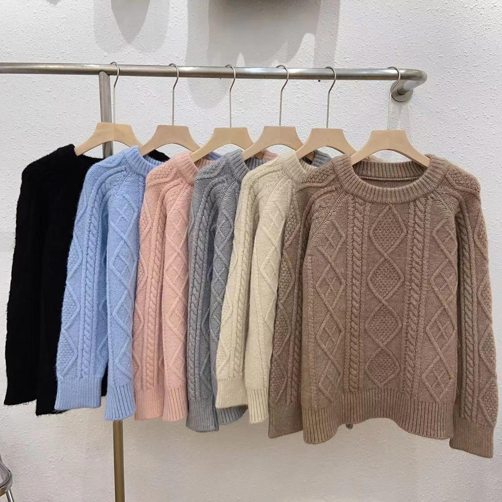 Vintage Twist Thickened Pullover Sweater Women's Autumn and Winter Solid Color Round Neck All-match Loose Knitted Sweater for Outer Wear