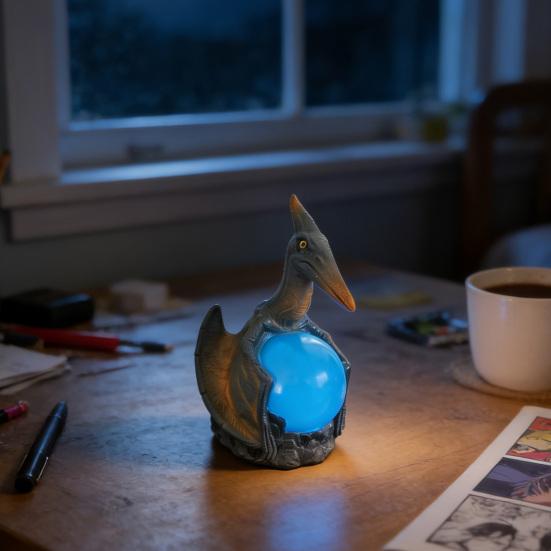 Gothic LED Table Lamp Raven's Moonlight/Pterosaur Desk Lamp Mysterious Crow/Dinosaur on Glowing Orb Sculpture for Halloween Fantasy Indoor Home Decor