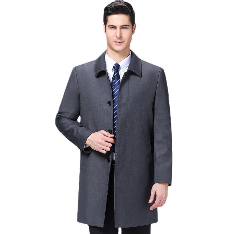 Тренч, мужской плащ средней длины, папина куртка с отложным воротником, модный повседневный однотонный топ для мужчин