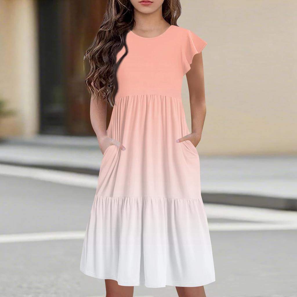 Детская юбка с круглым вырезом, плиссированная, с коротким рукавом, юбка принцессы, модное повседневное платье с карманами для девочек