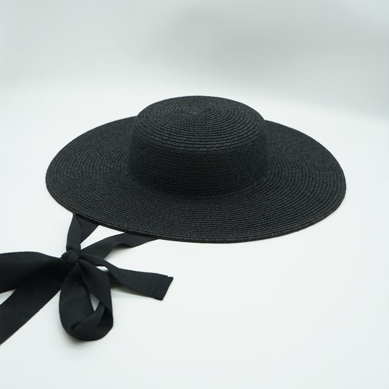 French Retro Black Light Top Low Top Flat Top Top Top Hat Women'S Summer Sunshade Vacation Beach Sun Protection Strap Straw Hat