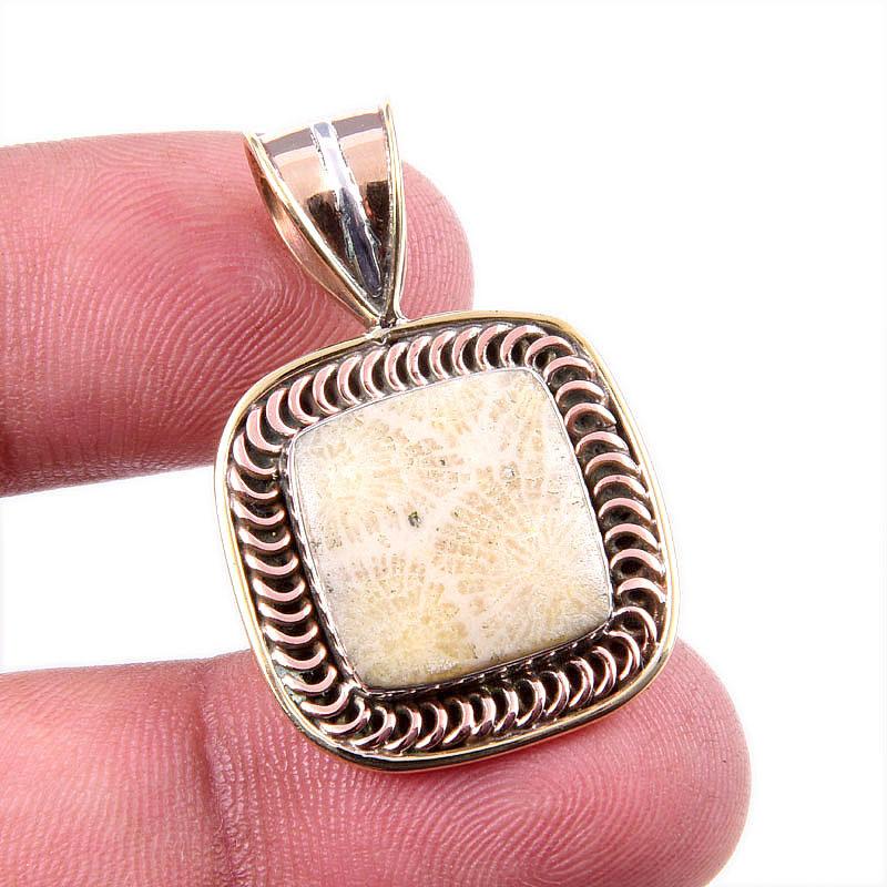 Natural Fossil Coral 925 Solid Sterling Silver TwoTone Gift Pendant 1.25" l9V57