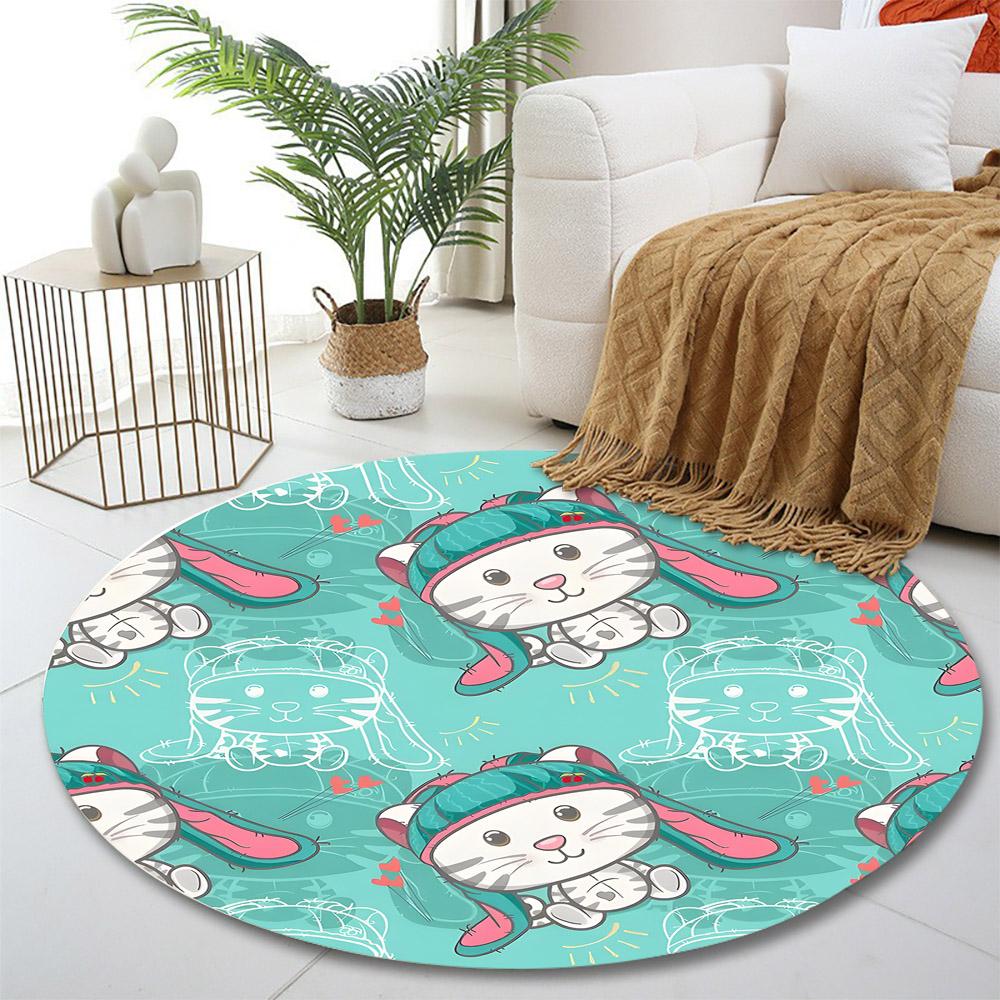 Cute Cat with Bunny Hat Pattern Print round rug, living room, bedroom, playroom carpet, non slip floor mat, gift