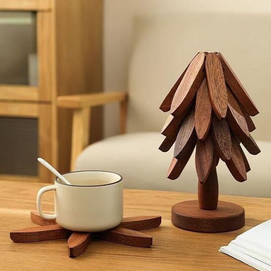 5Pcs Wooden Tree-Shaped Coasters with Base Heat-resistant Drink Placemats Pot