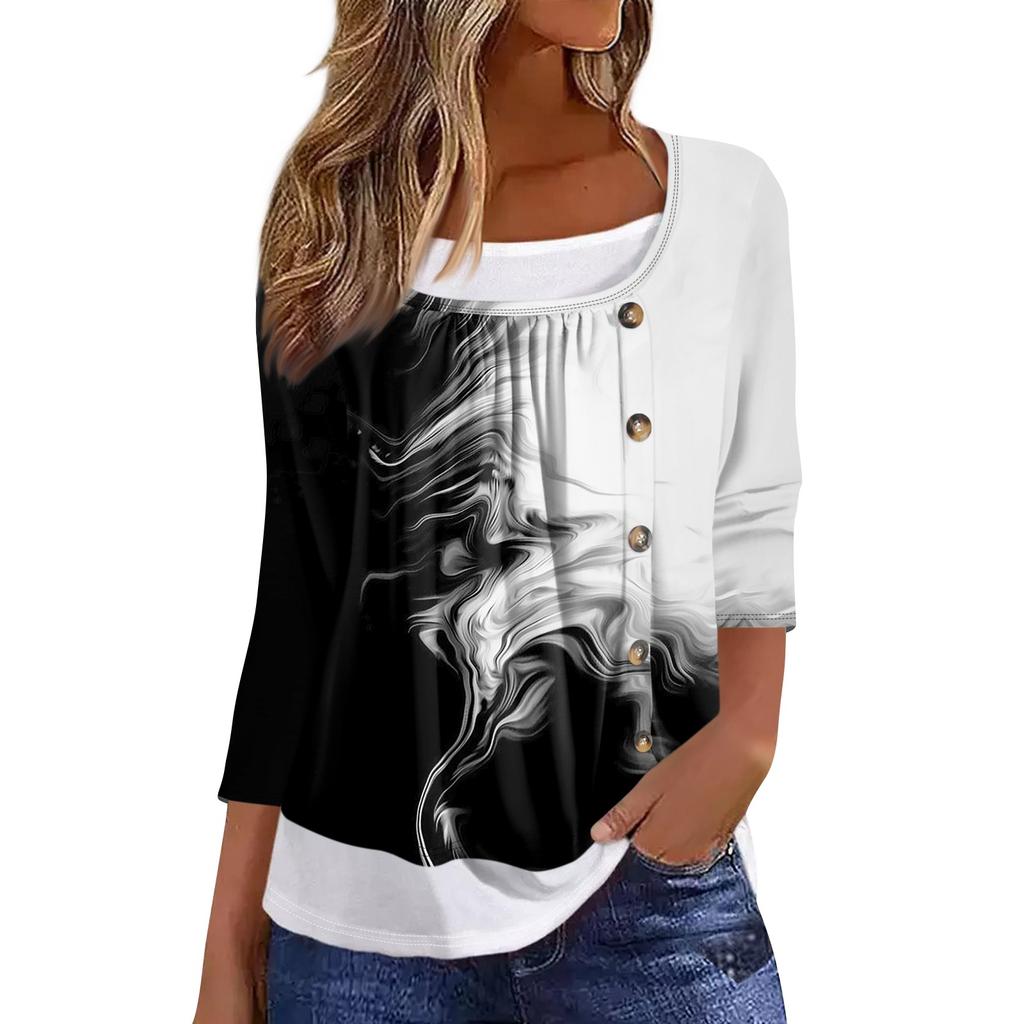 Women's T Shirt Tee Print 3/4 Sleeve Fake Two Pieces Daily Weekend Fashion Basic Regular Top