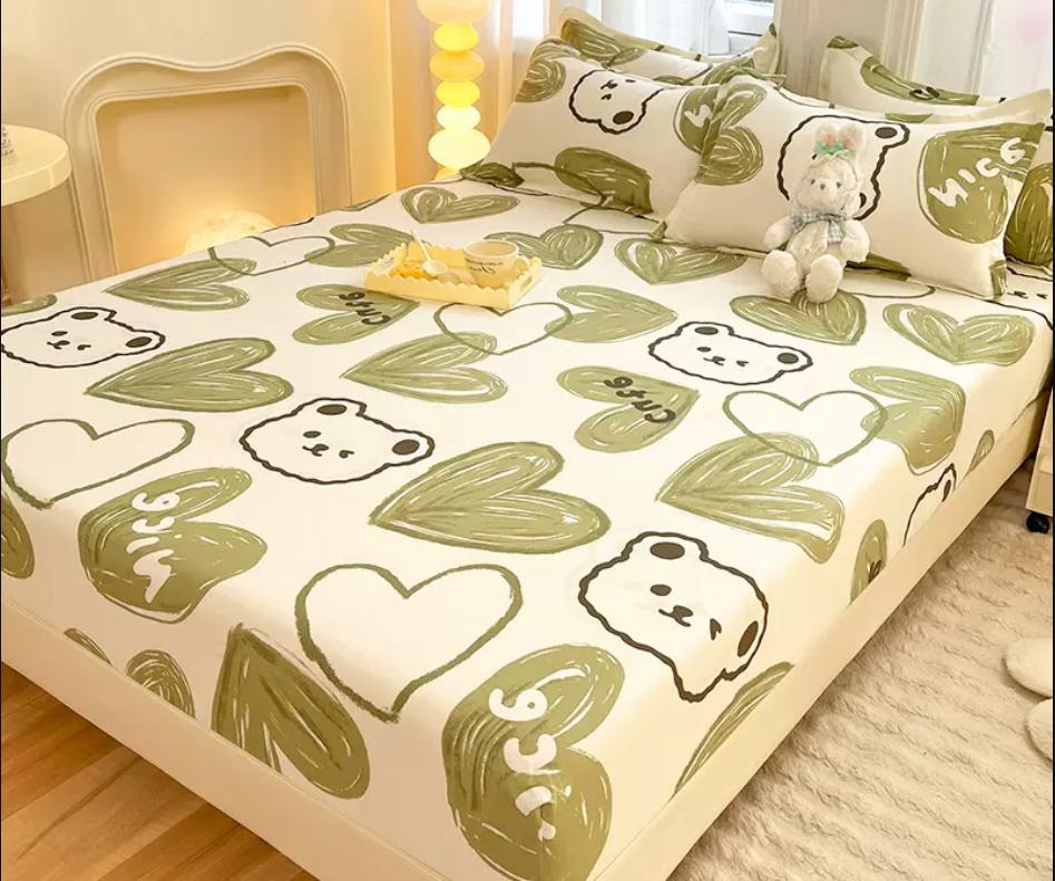 Bed Fitted Sheet with Elastic Rubber Washed Cotton Cartoon Animal Print Fitted Sheet + 2pcs Pillowcases 15 Sizes Mattress Cover