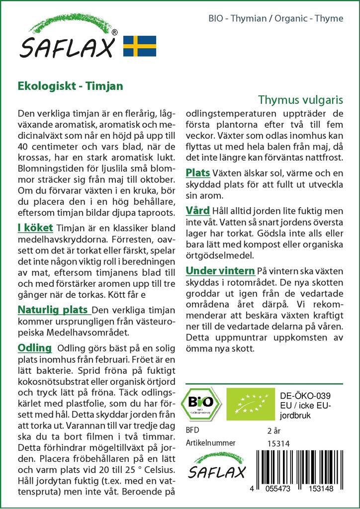 SAFLAX Garden in the Bag - Органический - Тимьян - 800 семян - С субстратом в подходящем стоячем пакете - Тимьян обыкновенный