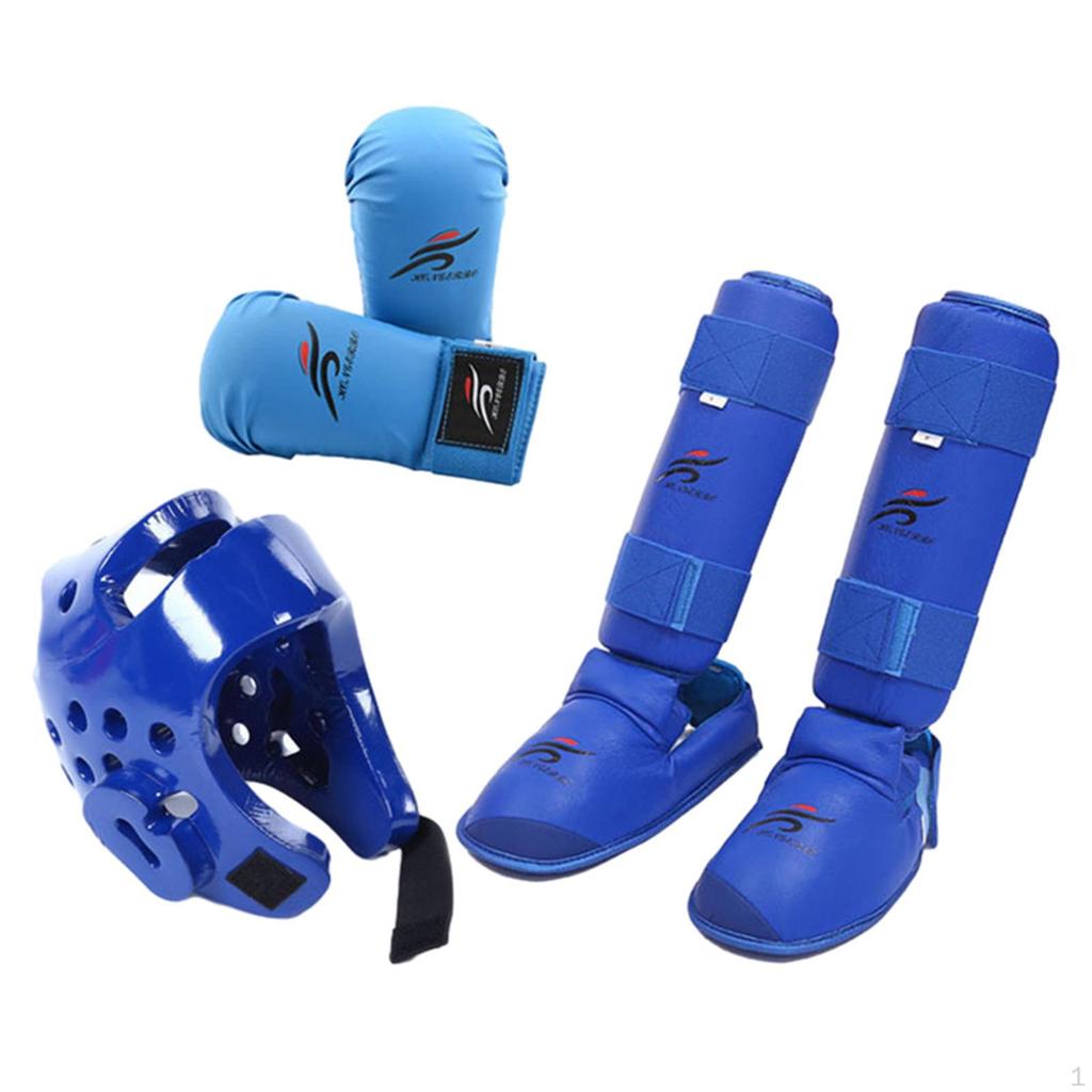 Комплект снаряжения для спарринга каратэ с щитками для голени, тренировочным оборудованием, боксерским головным убором, перчатками для