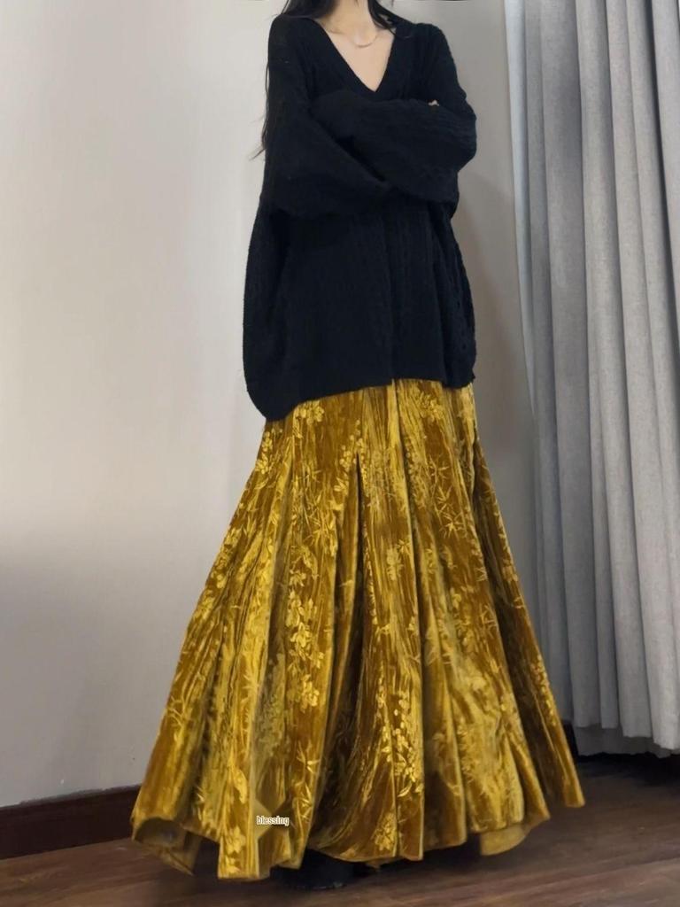 Элегантная бархатная юбка-рыбка в китайском стиле - Мода Осень/Зима с высокой талией и широким подолом