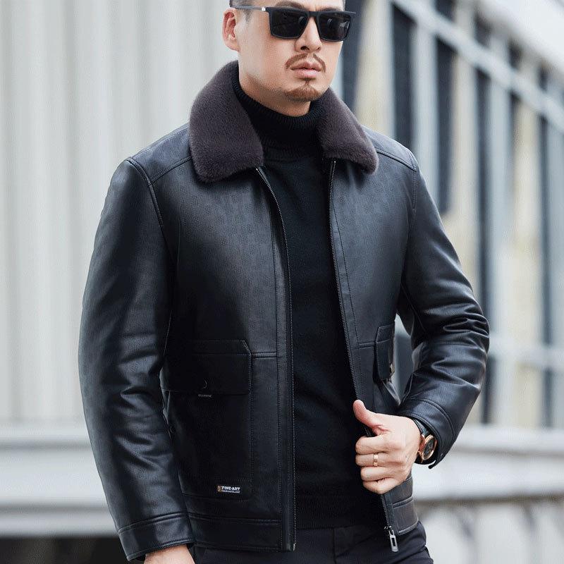 Men's Down Jacket Leather Jacket Men's Genuine Leather Jacket Lapel Thickened Warm White Duck Down Jacket Winter Jacket
