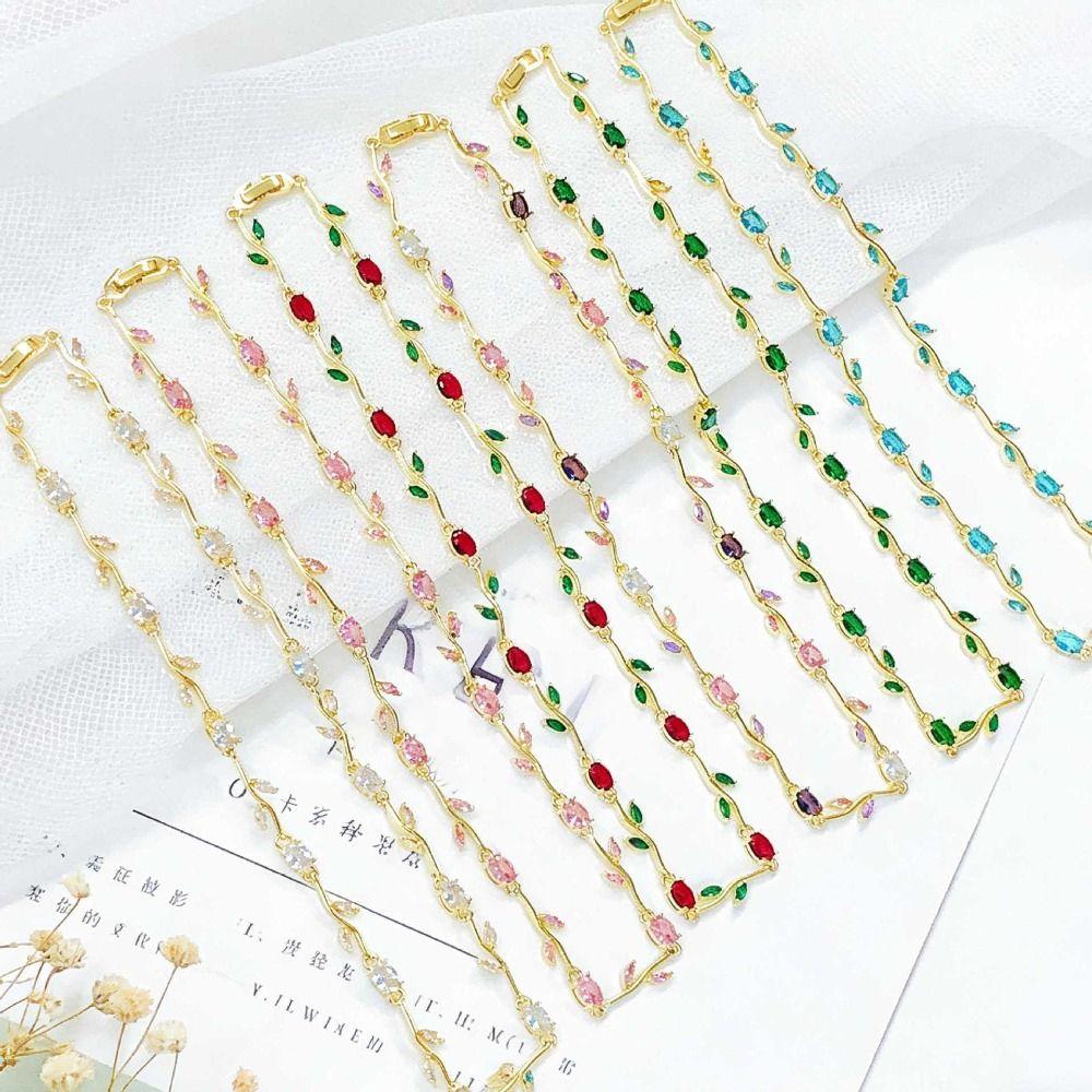 Multicolour Rose Flower Necklace Light Luxury Crystal Leaf Necklace Zircon Necklace  Women Girls
