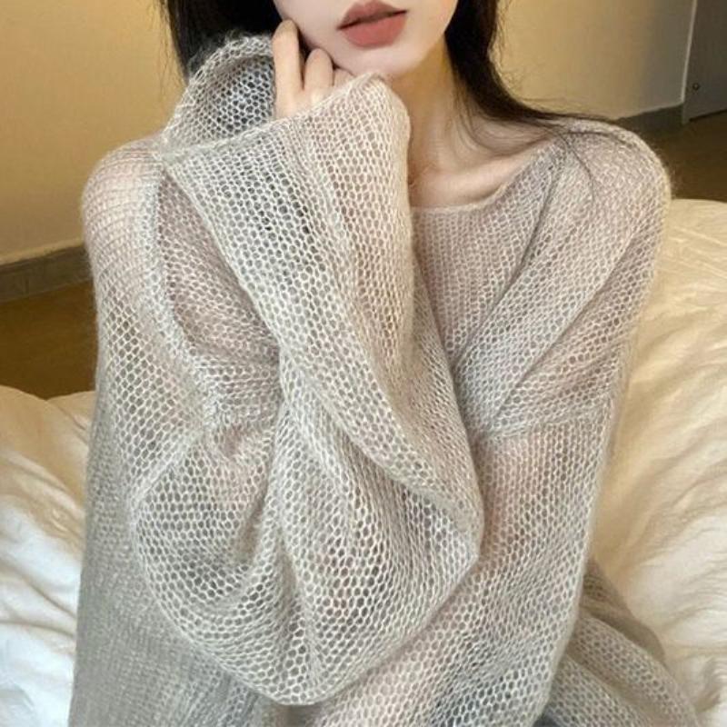 Вязаный кардиган в корейском стиле, ленивый модный, женский, тонкий, с ажурным дизайном, милый и пикантный, в стиле ретро, с круглым вырезом