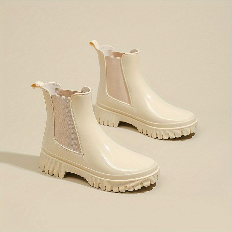 Женские резиновые сапоги на толстой подошве, эластичные вставки для легкого надевания, амортизирующий комфорт, черно-желто-зеленые, модная повседневная и профессиональная обувь