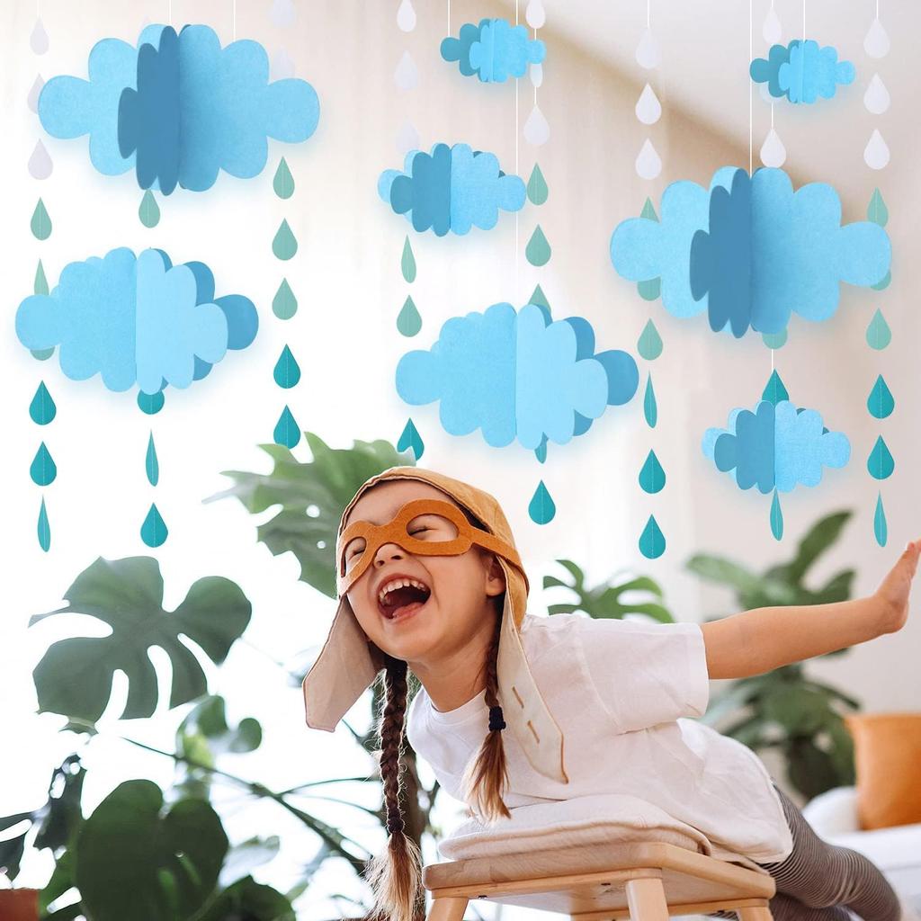 16 PCS 3D Cloud Decoration Blue Hanging Clouds and Raindrop for Cloud Ornaments Hanging Ceiling Decor for Party Nursery Children Room Ceiling
