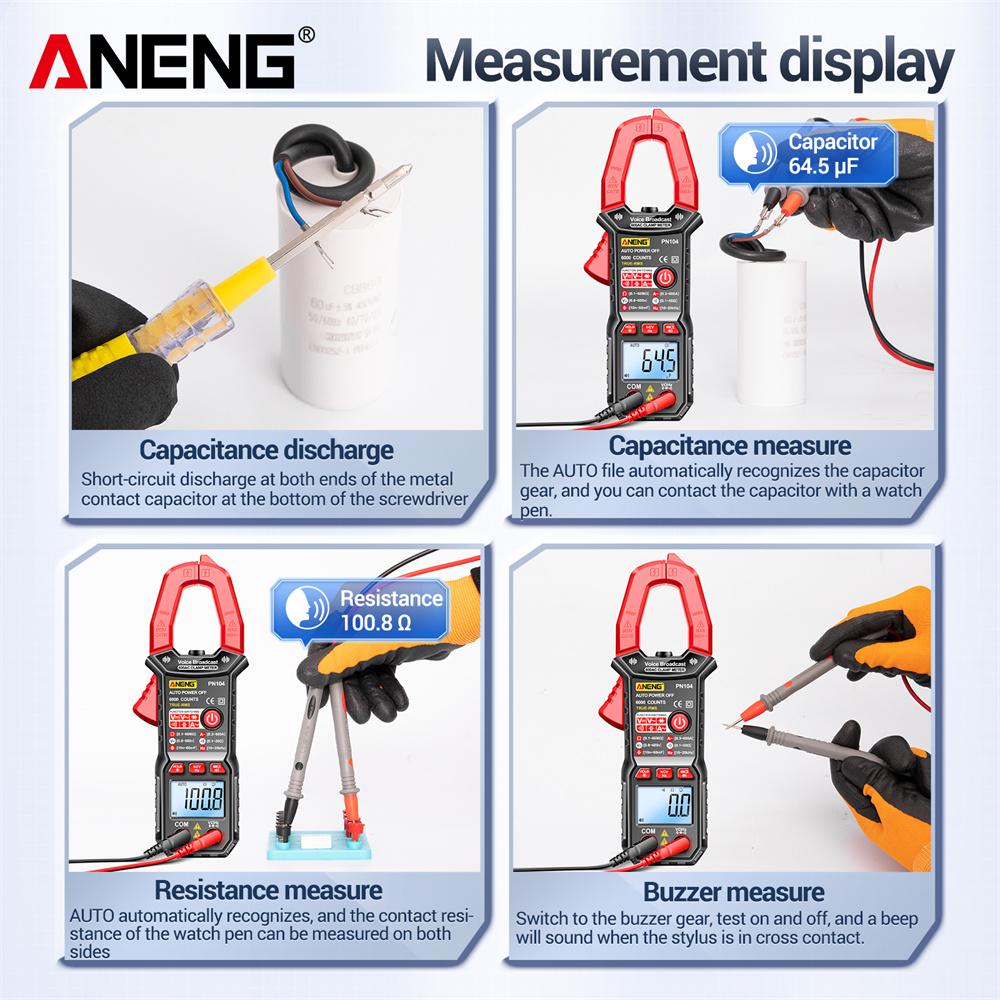 Aneng PN104 Мультитестер голосового вещания, 6000 клещей, мультиметр постоянного/переменного тока, автомобильный усилитель, емкость Гц, NCV, инструмент для измерения сопротивления