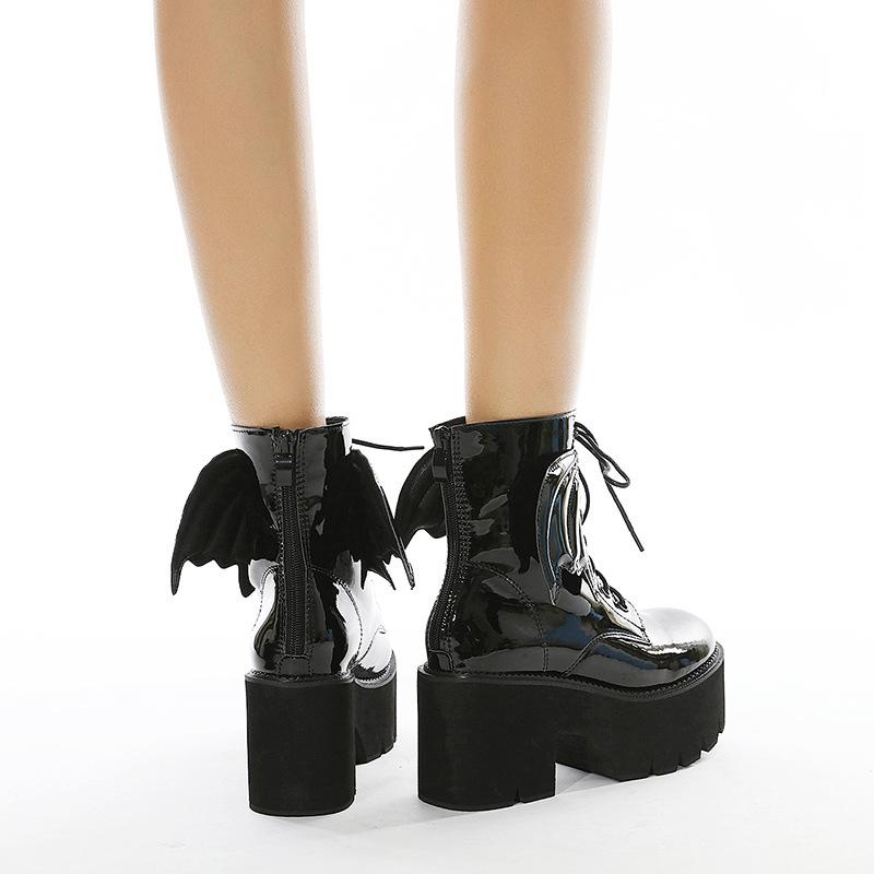 Women's Black Back Zipper Chunky Heel Boots Goth Style Lace Up Solid Color Platform Short Boots for Women Fashion Wing