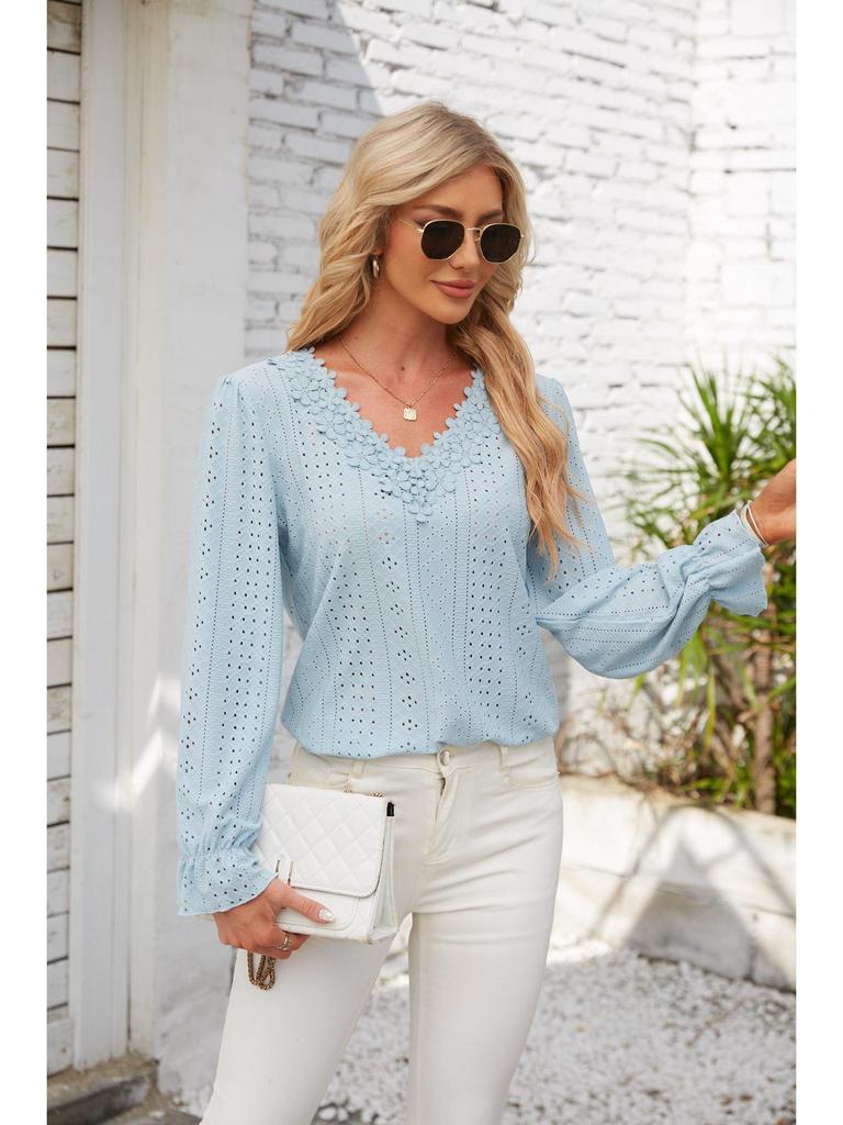 2024 Women's Solid Color V-Neck Long Sleeve Casual Loose T-Shirt