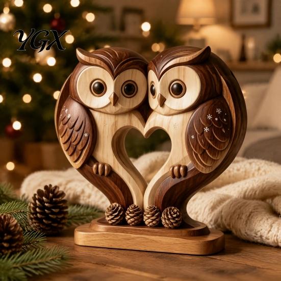 Solid Wood Holiday Table Decor Wooden Animal Ornament with Stable Base, Double Layer Carved Figurine, Handcrafted Carving Gifts Heart Shape Sculpture
