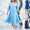 Women Dress Flower Embroidery See-through Lace Three Quarter Sleeve O Neck Fake Two-piece Loose Solid Color Plus Size Elegant Maxi Dress