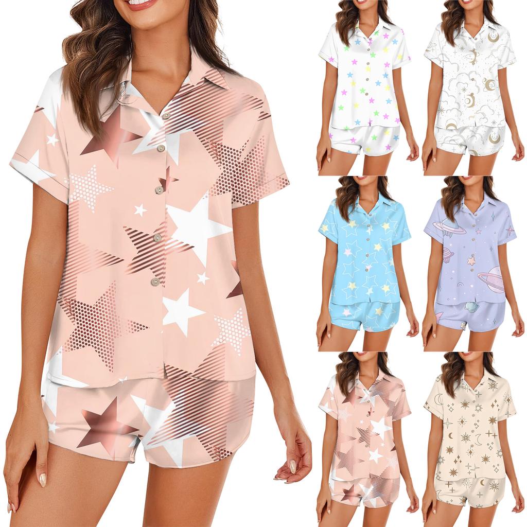 Women's Silk Pajamas Button Home Clothes Star Print Short Sleeve Satin Pajama Set 2 Piece Set