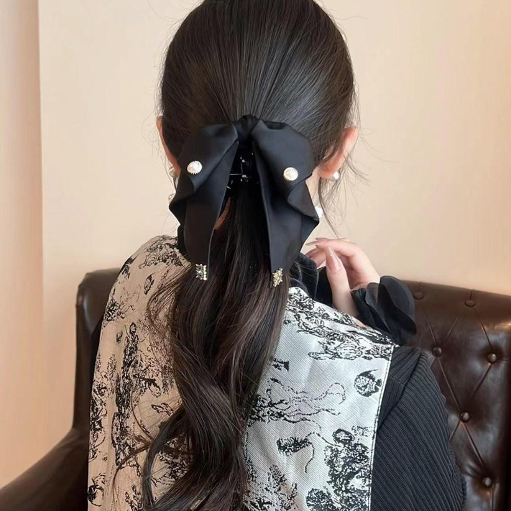 French Style Shiny Rhinestone Hair Claw Elegant Women Sequin Hairgrips Black Bow Shark Clip Party