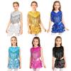 Girls Disco Dance Costume Set Metallic Gloss Sequins Sleeveless Top Tassels Tiered Ruffle Skirted Shorts