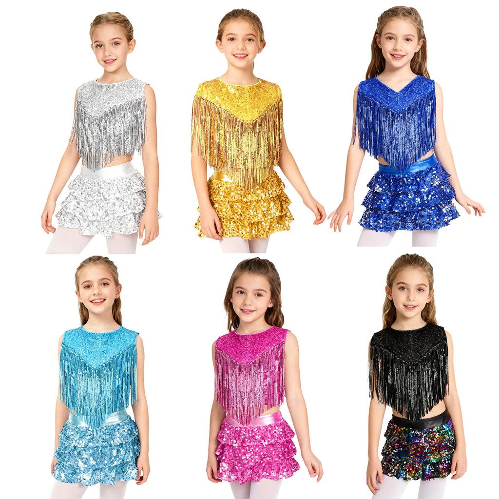 Girls Disco Dance Costume Set Metallic Gloss Sequins Sleeveless Top Tassels Tiered Ruffle Skirted Shorts