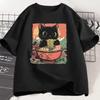 Милая черная кошка ест рамен Принт Футболка Женская Харадзюку Короткий рукав Повседневная Женская футболка Одежда Топы Эстетичная одежда
