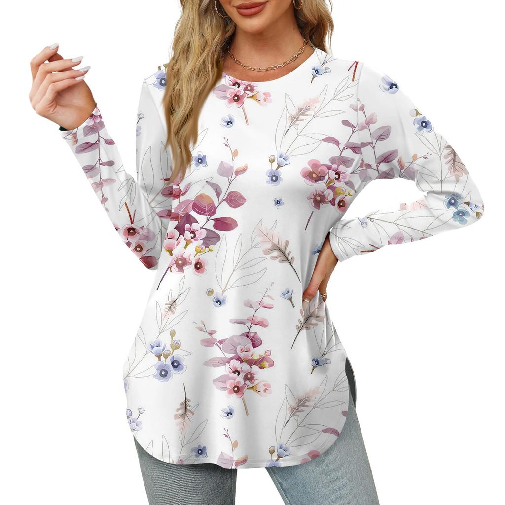 Женская рубашка с длинными рукавами, круглым вырезом и боковым разрезом, винтажный повседневный топ с цветочным принтом и листьями