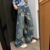 Женские джинсы с цветочным принтом и широкими штанинами: Американский ретро-стиль, идеально подходит для осени/зимы, высокая длина, стиль High Street