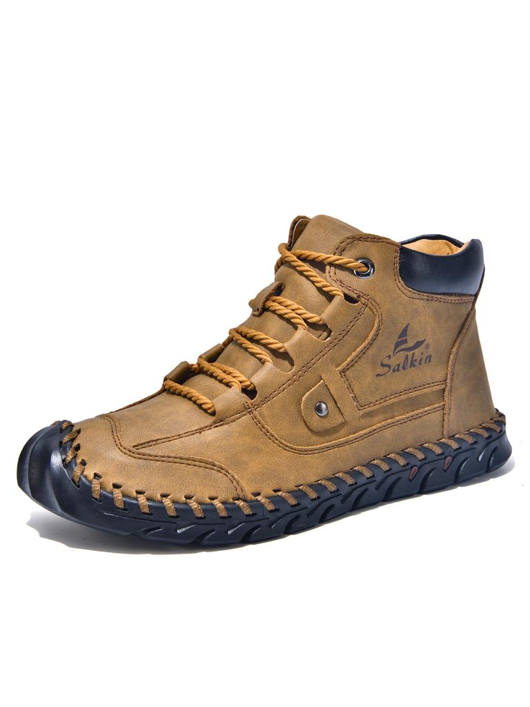 Hand Stitching Leather Shoes Outdoor Men Boots Autumn Retro Breathable Casual Shoes Non-Slip Lace Up Ankle Work Boots Winter