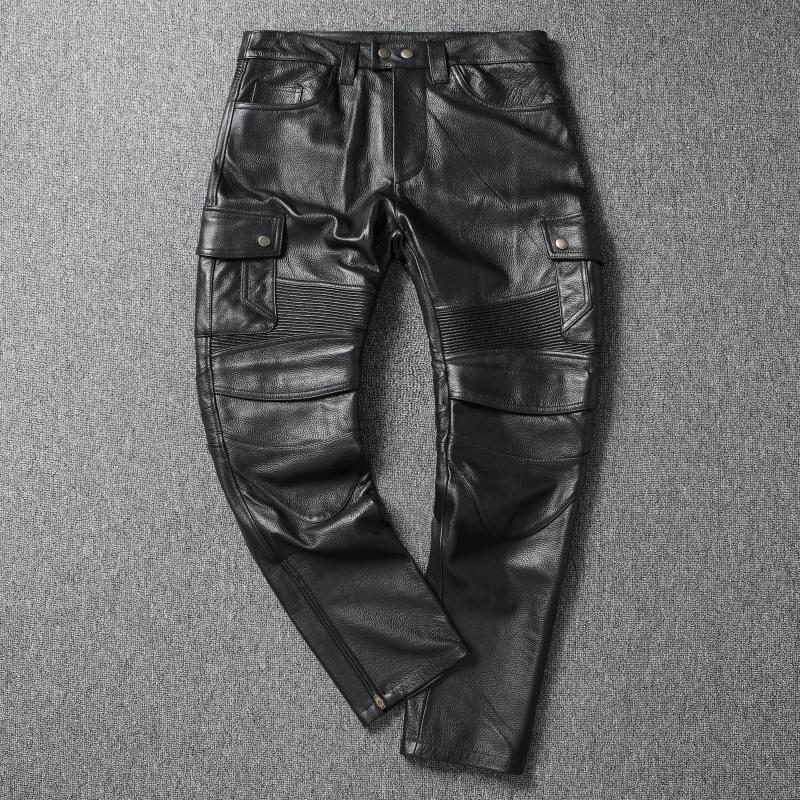 Китайский размер Винтажные черные натуральная воловья кожа брюки мужские мотоциклетные байкерские кожаные брюки осень-зима мужские кожаные брюки