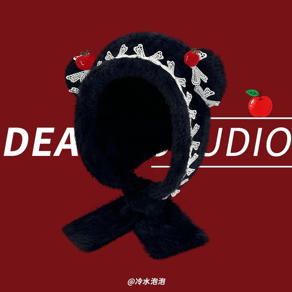 Winter Thickened Hairy Bear Ears Pullover Hat Children's New Apple Lace Edge Neck Protector Bow Hat Tide