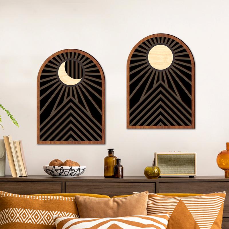 2Pc Wooden Wall Stickers Farmhouse Decoration Wooden Ornament Bohemia Art Installations Retro Hollow Flower Wall Hanging