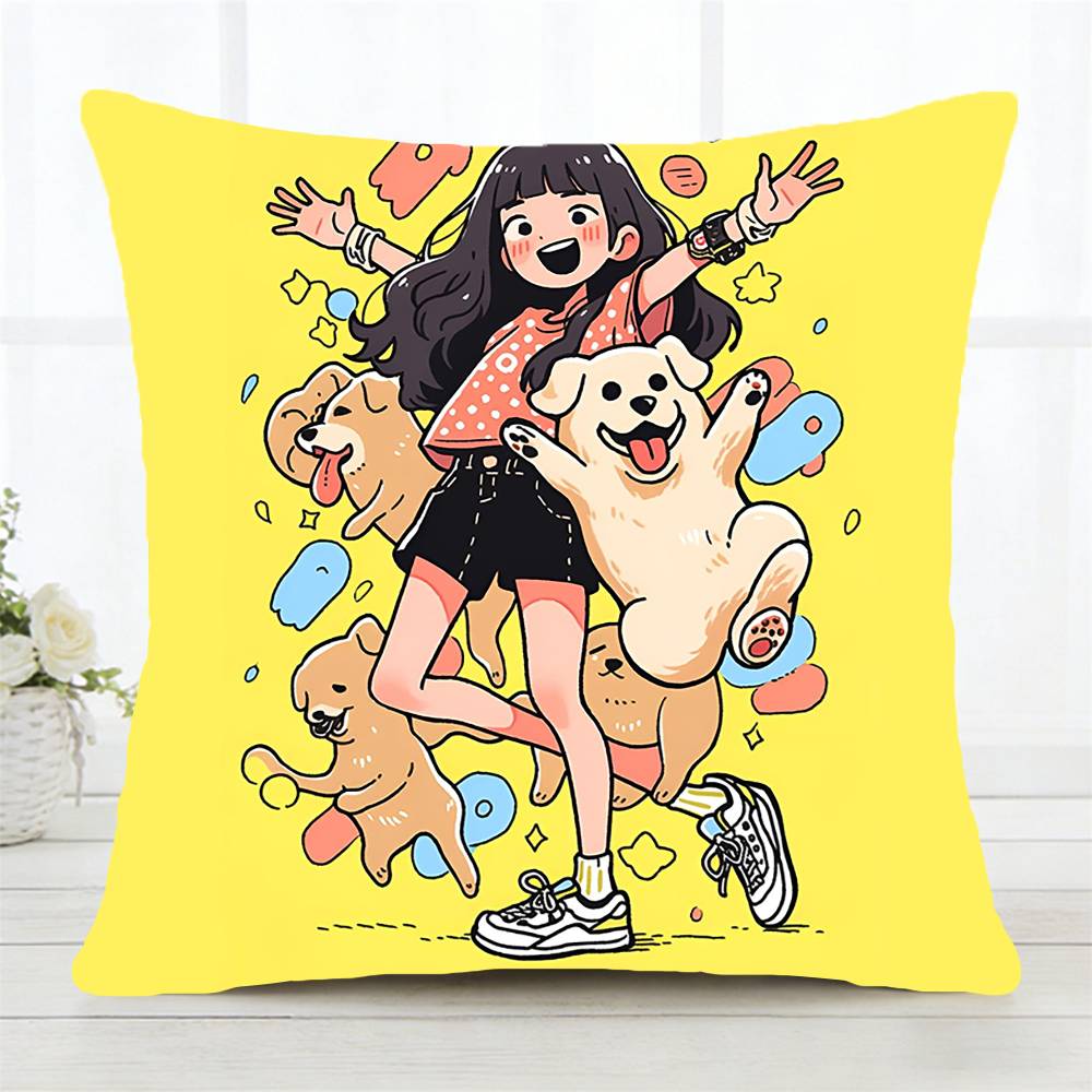 Cartoon Girl Pillow Case Fashion Square Pillowcase Bedroom Sofa Room Ins Decoration Leisure